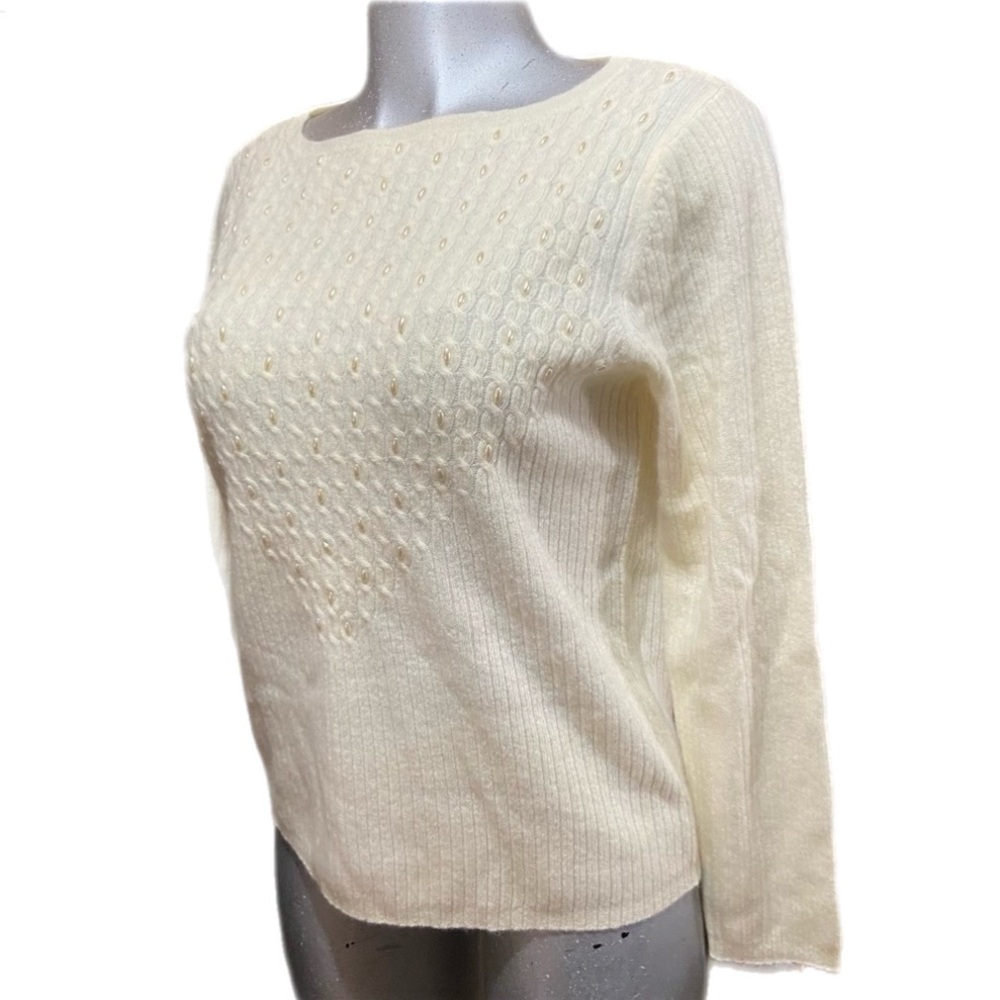 Nina Leonard Cottagecore Lambswool/Angora Knit Pullover Sweater Pearl Details M